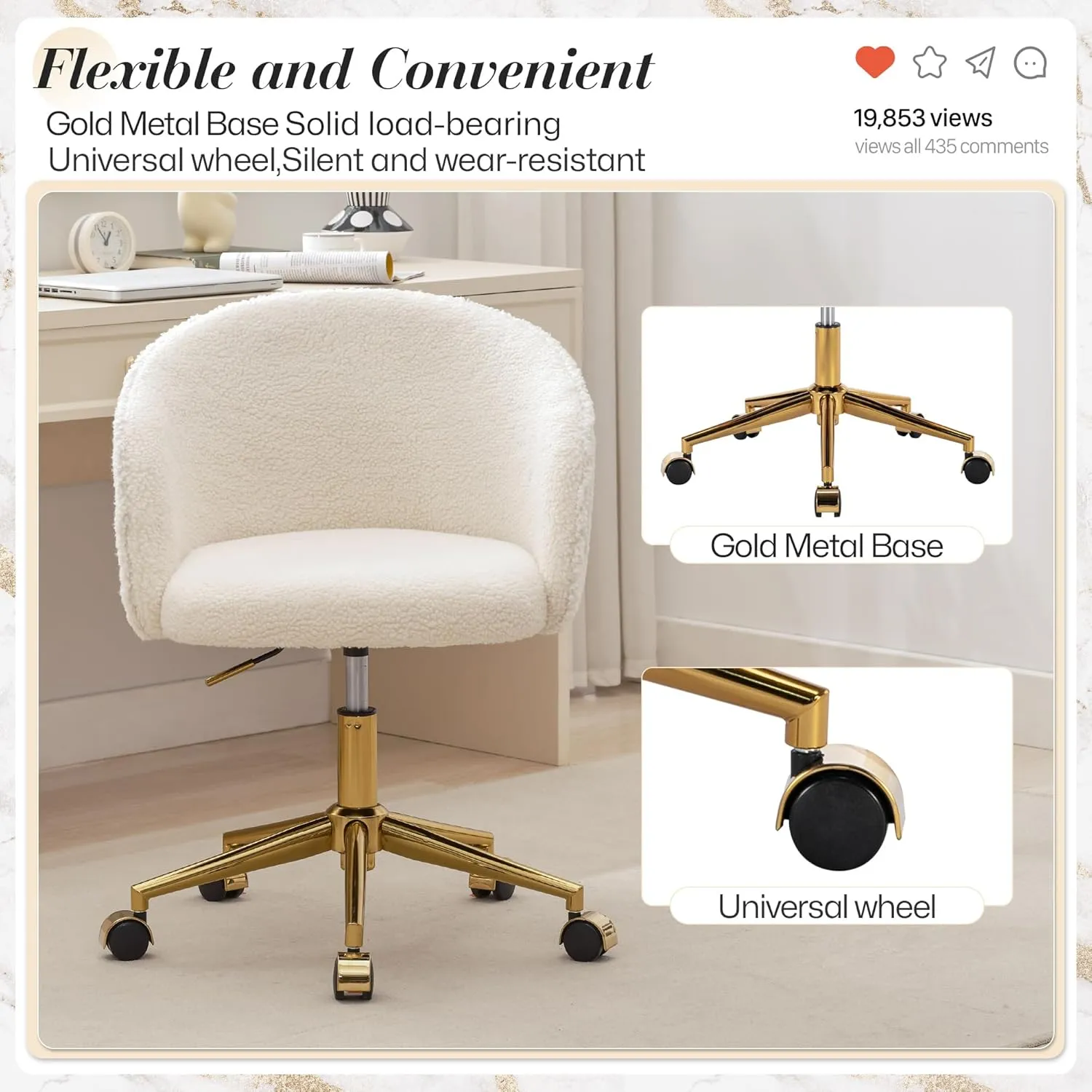 KCC Faux Fur Office Desk Chair, Comfy Fluffy Swivel Modern Leisure Armchair with Wheels, Upholstered Comfy Fuzzy Vanity Makeup Chair Height Adjustable for Teens Women Girls Elegant Home Office