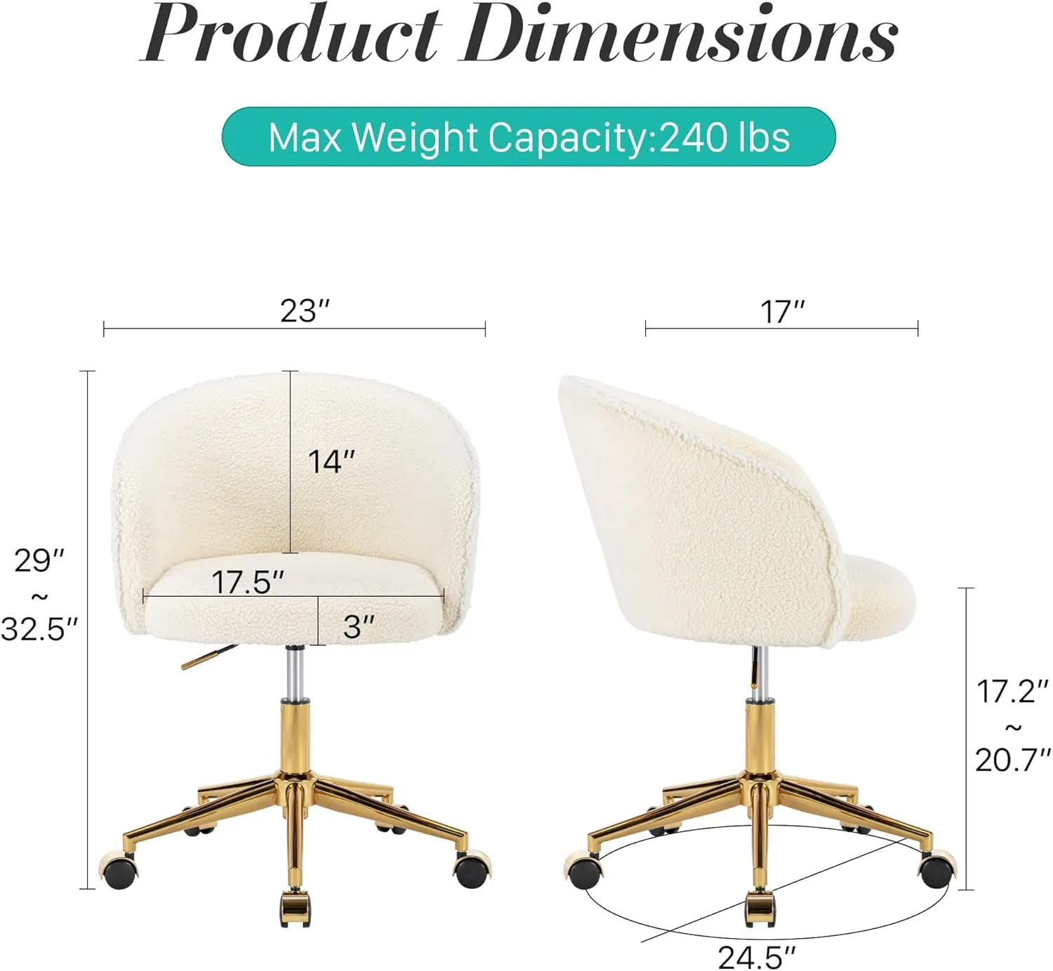 KCC Faux Fur Office Desk Chair, Comfy Fluffy Swivel Modern Leisure Armchair with Wheels, Upholstered Comfy Fuzzy Vanity Makeup Chair Height Adjustable for Teens Women Girls Elegant Home Office