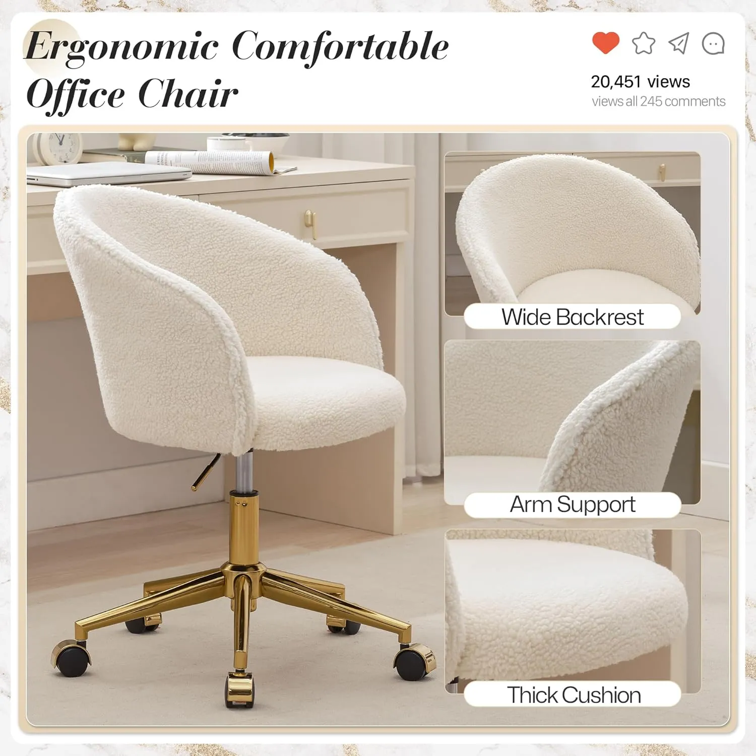 KCC Faux Fur Office Desk Chair, Comfy Fluffy Swivel Modern Leisure Armchair with Wheels, Upholstered Comfy Fuzzy Vanity Makeup Chair Height Adjustable for Teens Women Girls Elegant Home Office