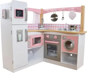KidKraft Grand Gourmet Corner Wooden Play Kitchen with Washer, Chalkboard, Curtains and 4 Accessories, Gift for Ages 3 