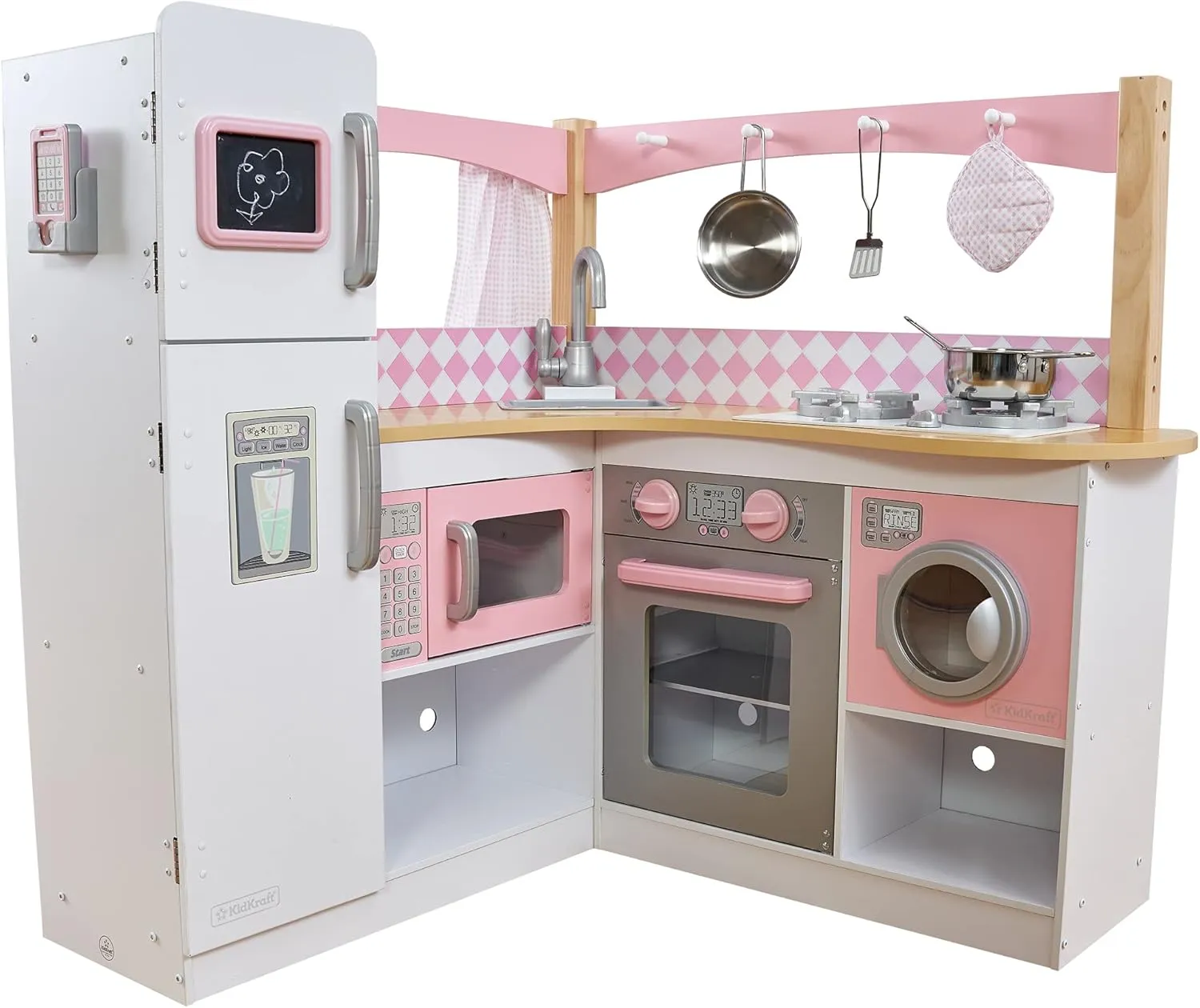 KidKraft Grand Gourmet Corner Wooden Play Kitchen with Washer, Chalkboard, Curtains and 4 Accessories, Gift for Ages 3 