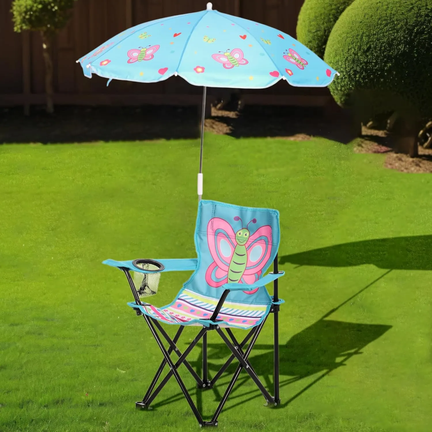 Kids Beach Chair with Umbrella Child Folding Chair Umbrella with Universal Clamp for Children Beach Camping Patio Garden Outdoor Lawn Pool Travel Indoor