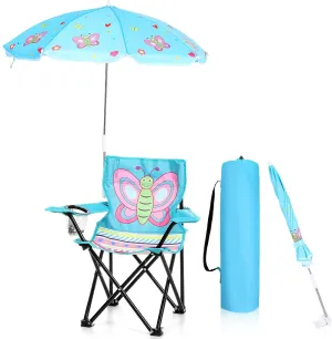 Kids Beach Chair with Umbrella Child Folding Chair Umbrella with Universal Clamp for Children Beach Camping Patio Garden Outdoor Lawn Pool Travel Indoor
