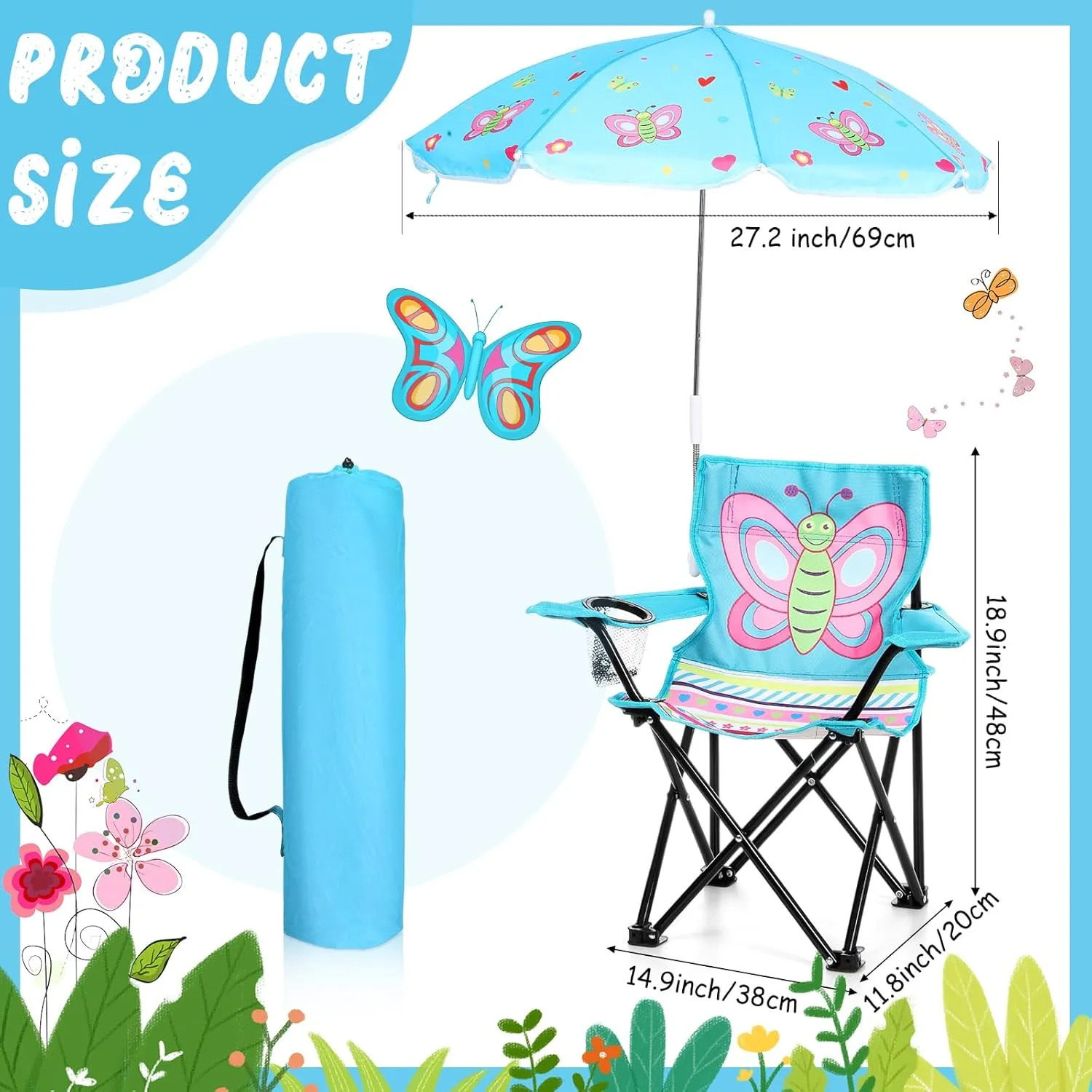 Kids Beach Chair with Umbrella Child Folding Chair Umbrella with Universal Clamp for Children Beach Camping Patio Garden Outdoor Lawn Pool Travel Indoor