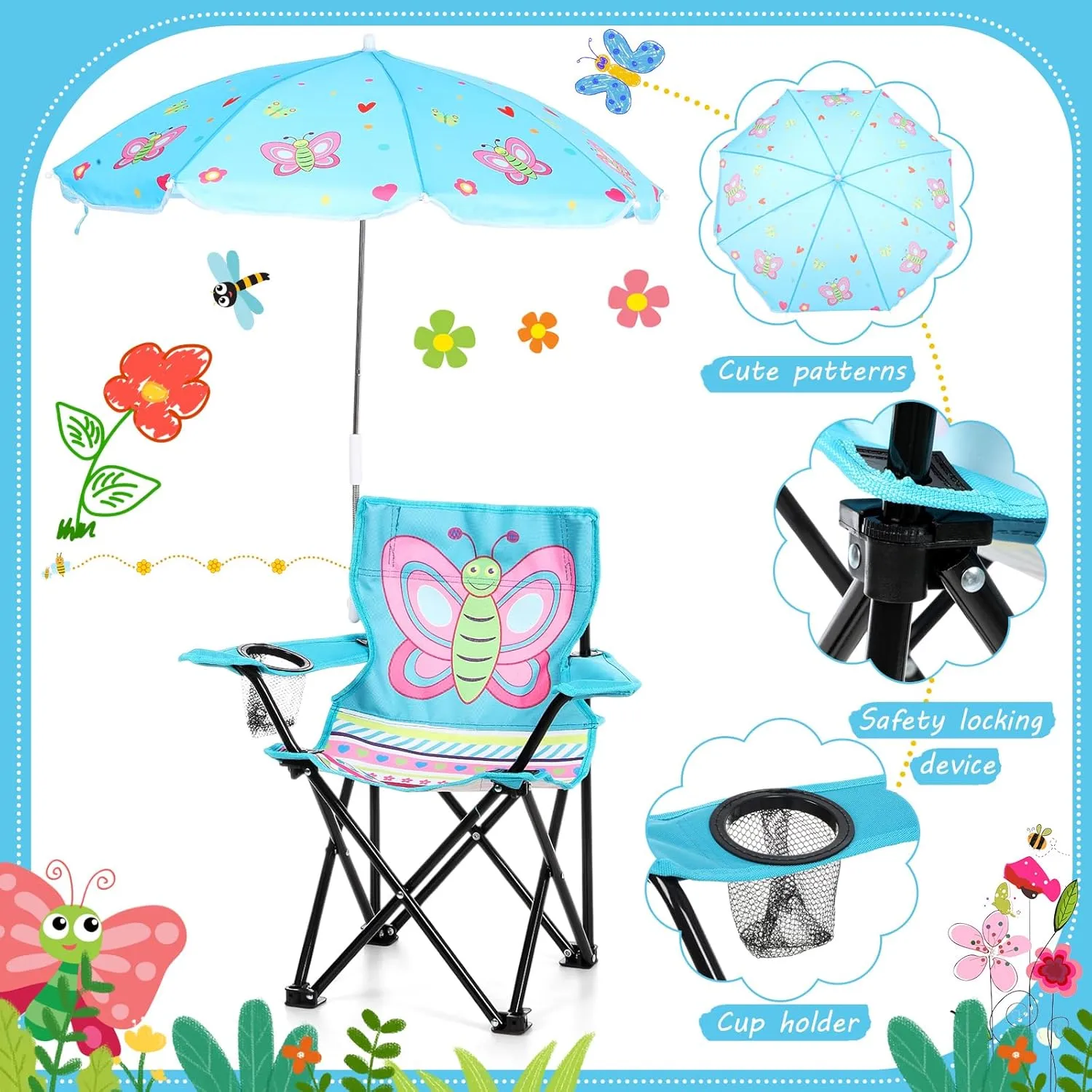 Kids Beach Chair with Umbrella Child Folding Chair Umbrella with Universal Clamp for Children Beach Camping Patio Garden Outdoor Lawn Pool Travel Indoor