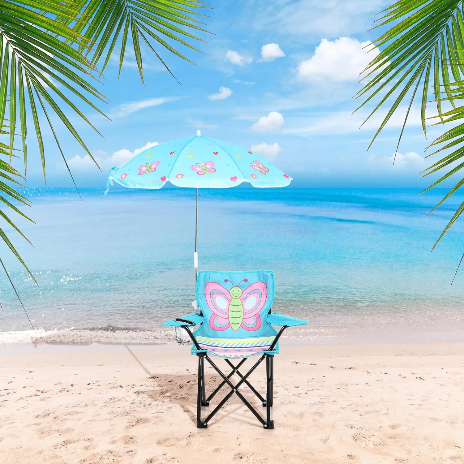 Kids Beach Chair with Umbrella Child Folding Chair Umbrella with Universal Clamp for Children Beach Camping Patio Garden Outdoor Lawn Pool Travel Indoor