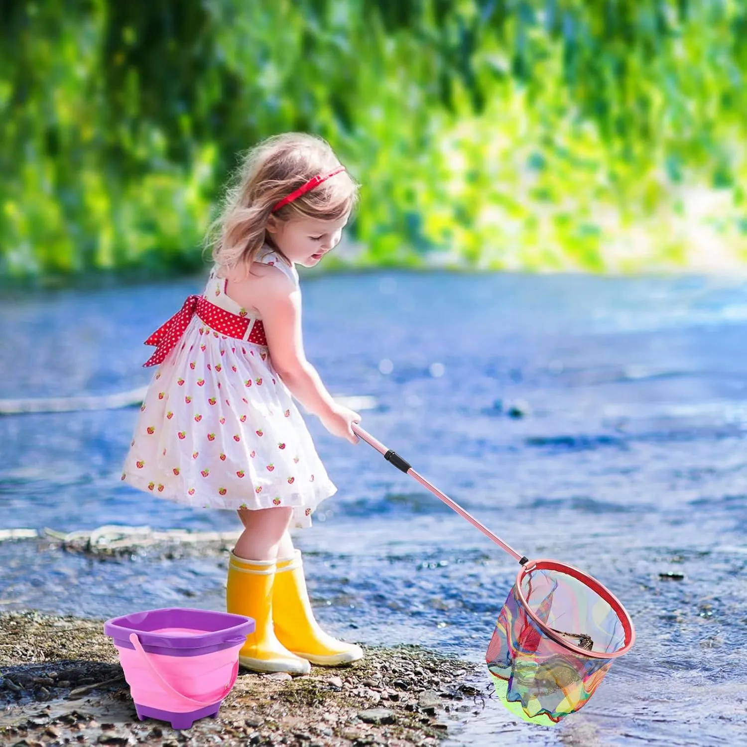 Kids Fishing Net, 2 Pack Extendable Beach Nets With Aluminum Pole Handle, Telescopic Butterfly Net for Kids, Fish Crab Gear for Boy Girl Children