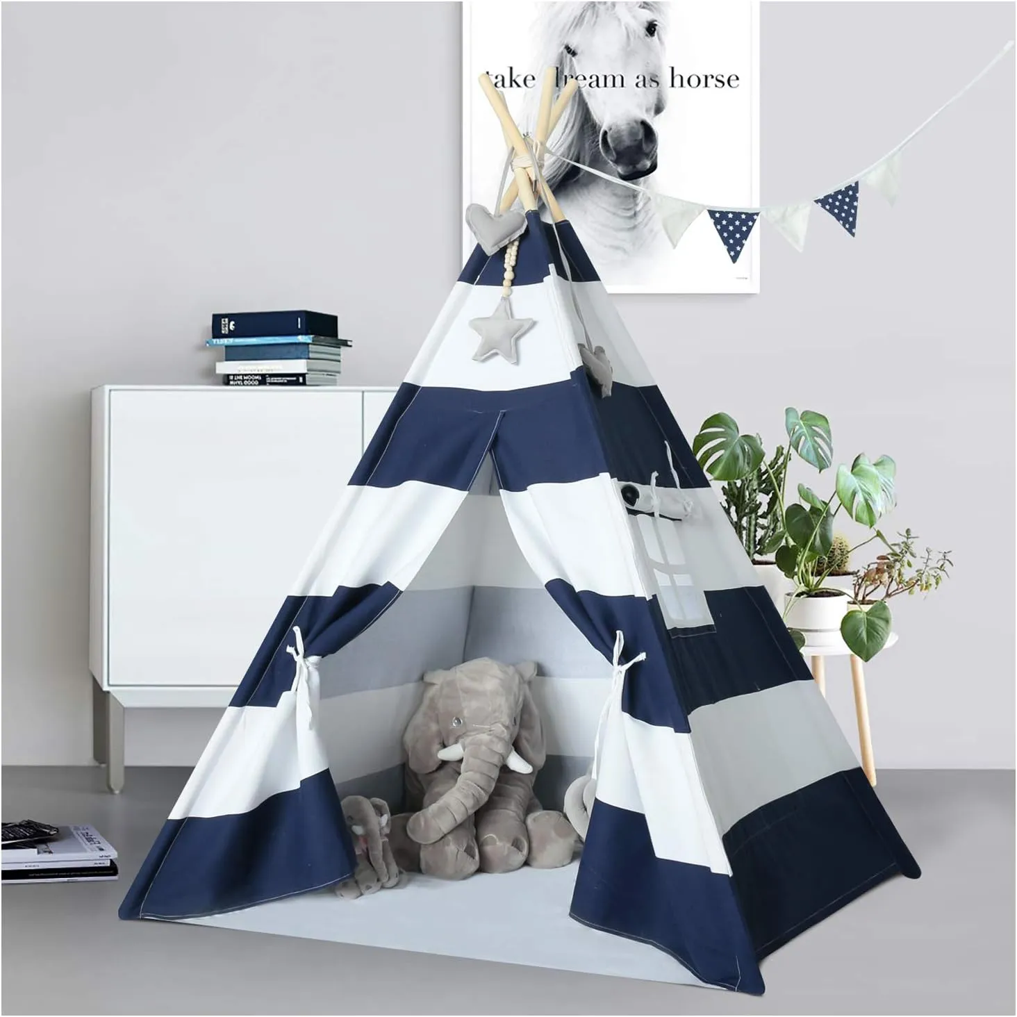 Kids Teepee Tent for Boys Navy White Stripe Teepee Tent Indian Canvas Tents for Toddlers Indoor Playhouse Play Tent for Kids
