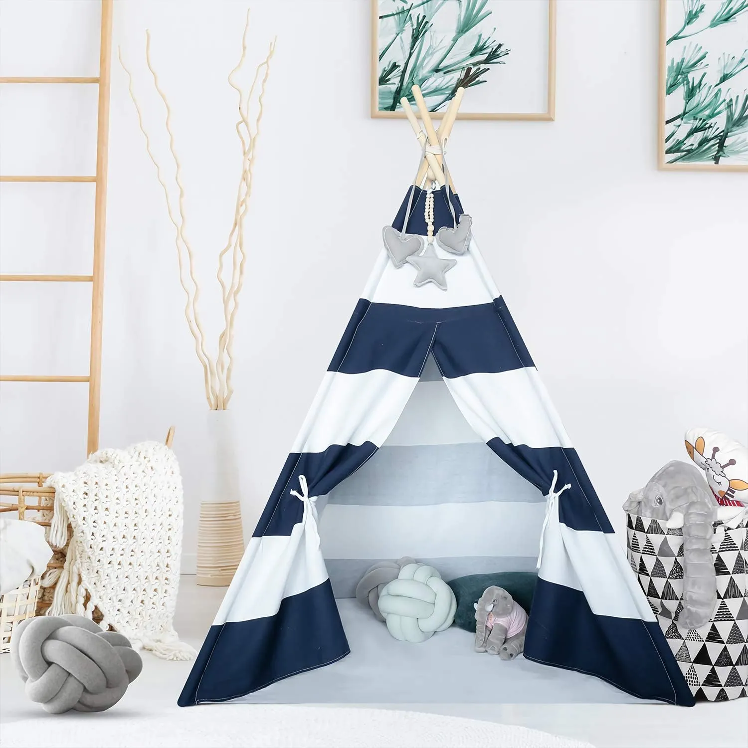 Kids Teepee Tent for Boys Navy White Stripe Teepee Tent Indian Canvas Tents for Toddlers Indoor Playhouse Play Tent for Kids