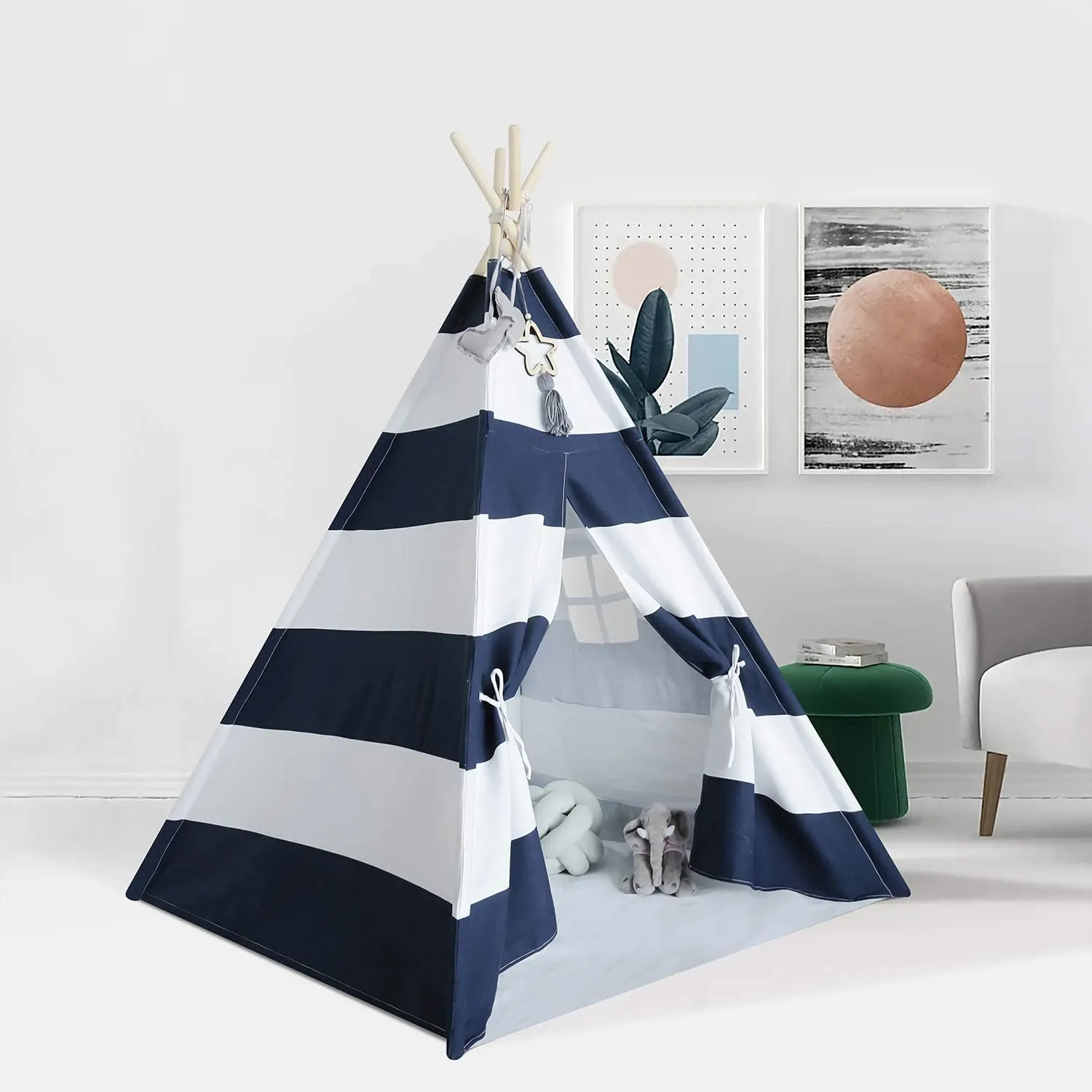 Kids Teepee Tent for Boys Navy White Stripe Teepee Tent Indian Canvas Tents for Toddlers Indoor Playhouse Play Tent for Kids
