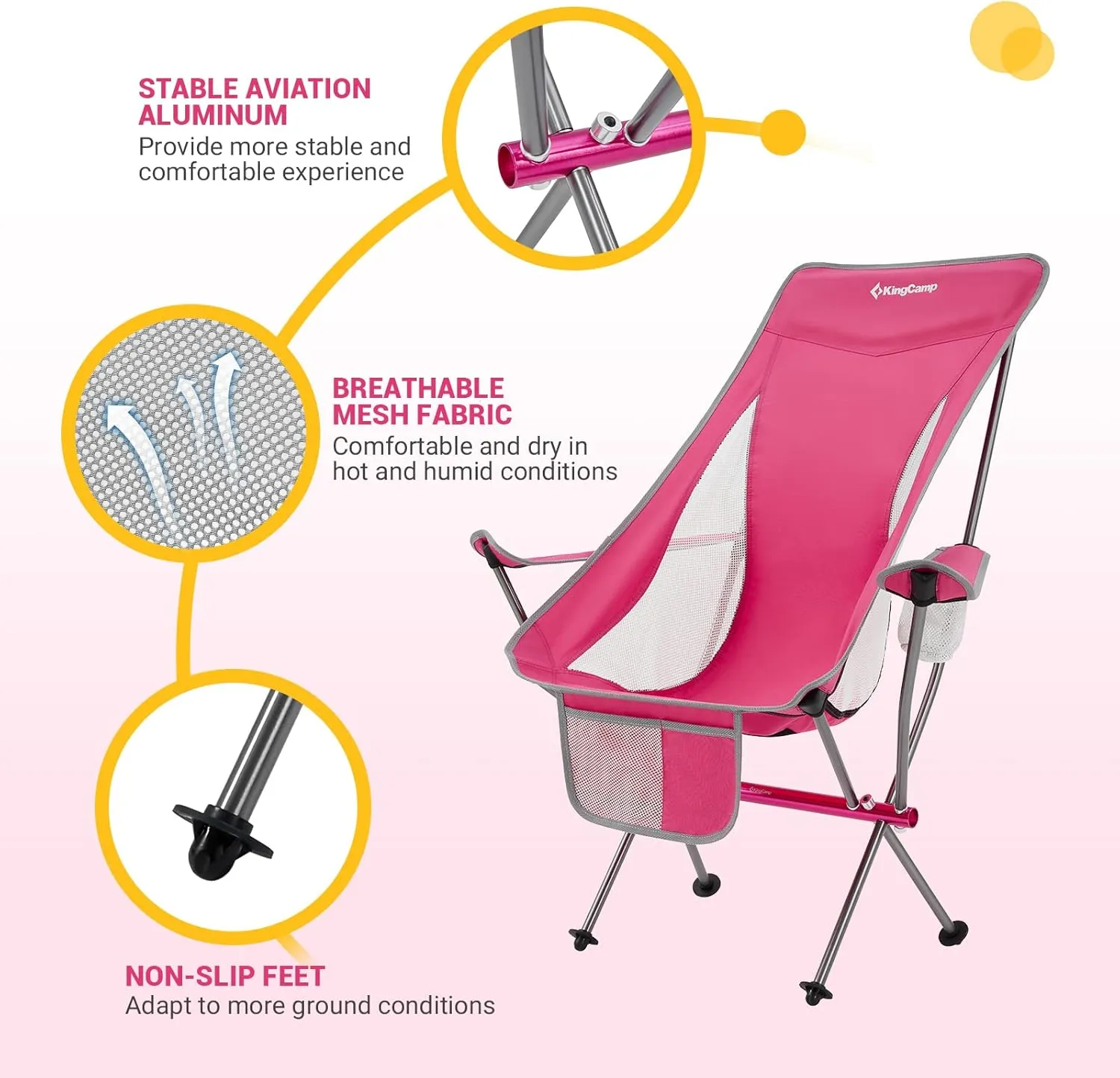 KingCamp Compact Camping Chairs for Adults Ultralight High Back Folding Portable Lawn Light Weight Outdoor with Armrest, Side Pocket, Headrast, Carry Bag, Support 265 Lbs, 1 Pack, Pink