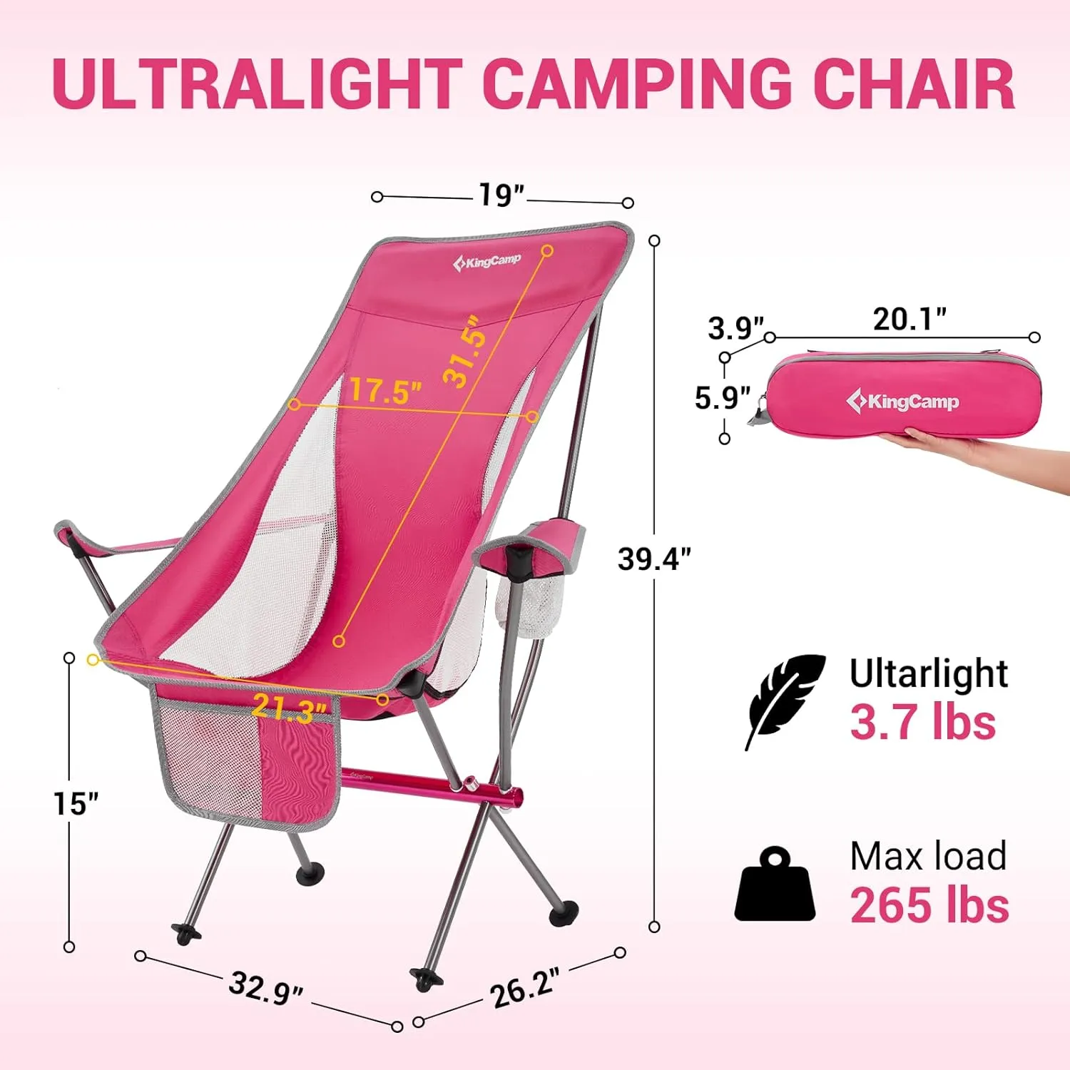 KingCamp Compact Camping Chairs for Adults Ultralight High Back Folding Portable Lawn Light Weight Outdoor with Armrest, Side Pocket, Headrast, Carry Bag, Support 265 Lbs, 1 Pack, Pink