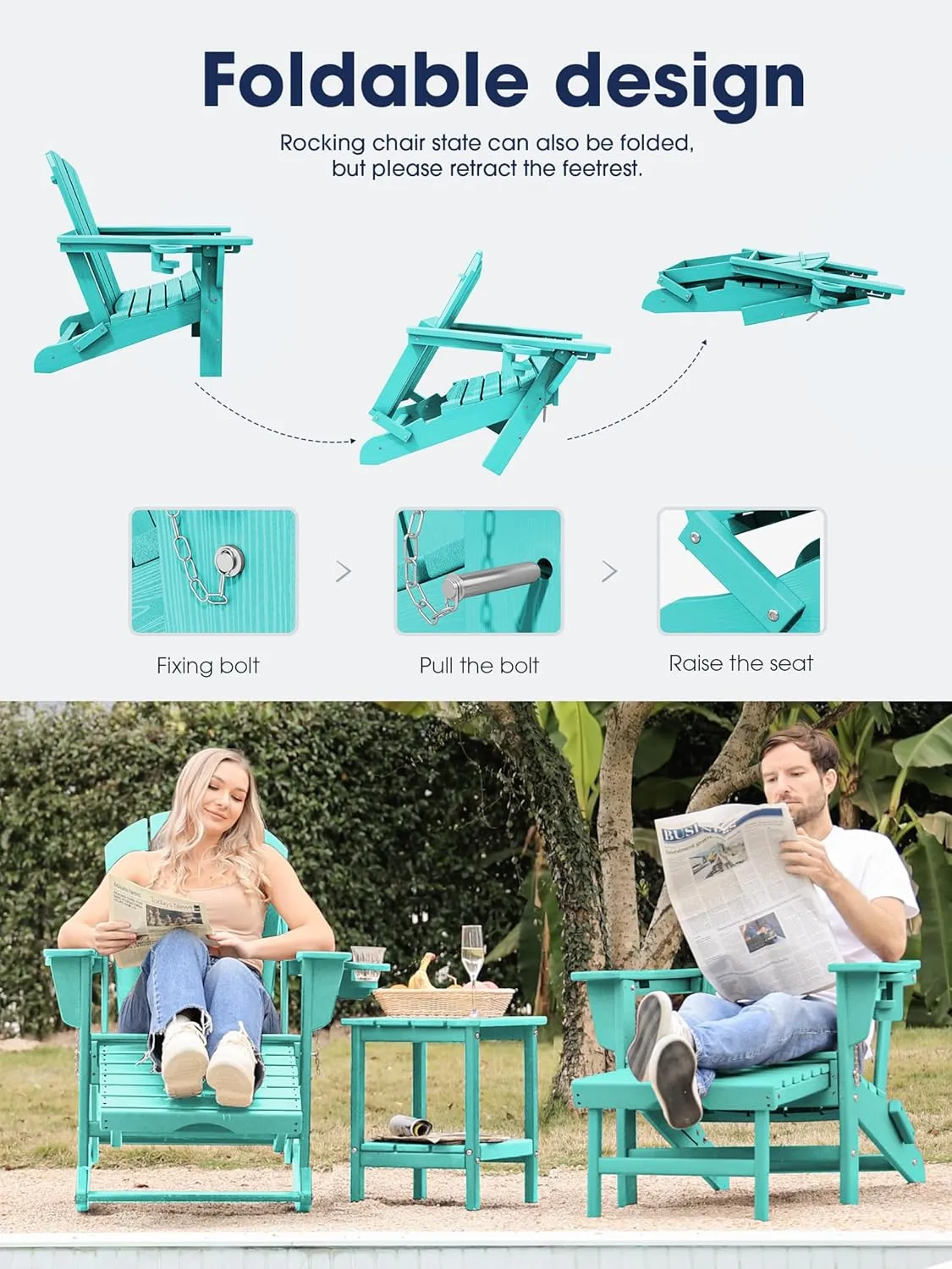 KINGYES Adirondack Rocking Chair with Retractable Ottoman and Cup Holders, HDPE Adirondack Rocker Patio Rocking Chair for Porch, Patio, Balcony, Aqua Blue