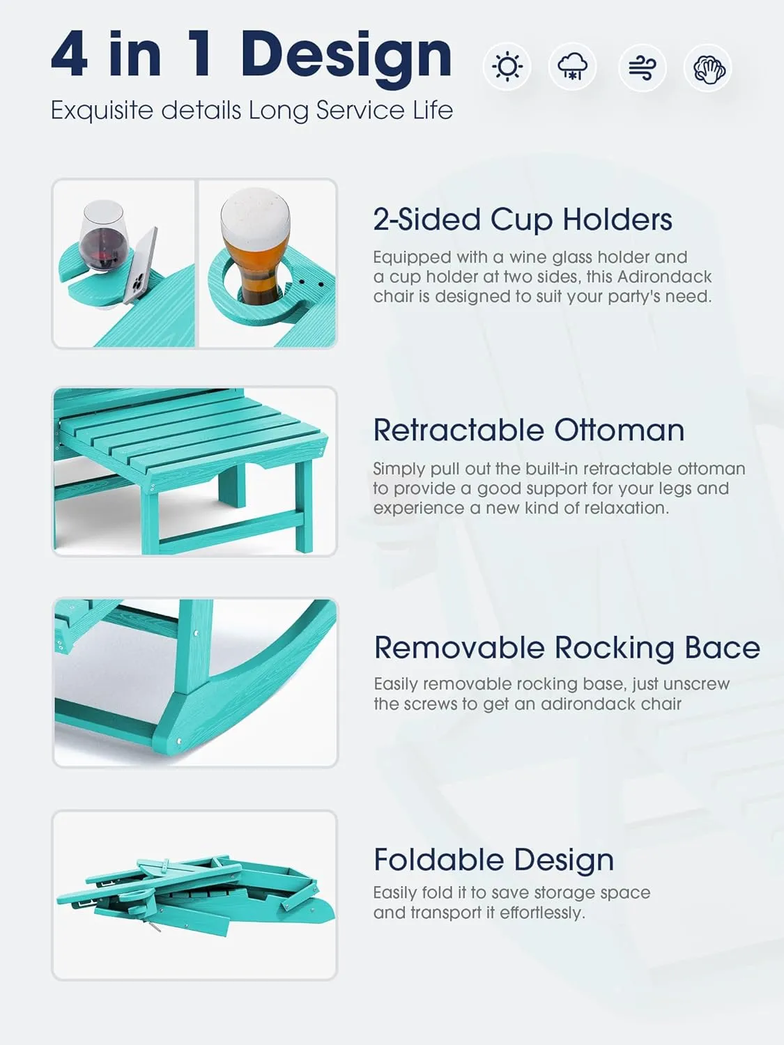 KINGYES Adirondack Rocking Chair with Retractable Ottoman and Cup Holders, HDPE Adirondack Rocker Patio Rocking Chair for Porch, Patio, Balcony, Aqua Blue