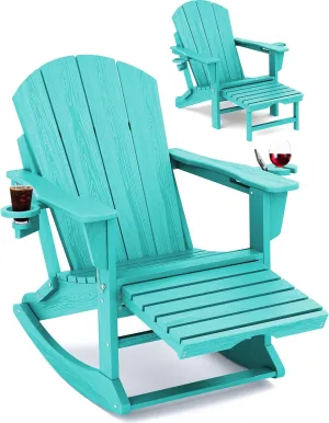 KINGYES Adirondack Rocking Chair with Retractable Ottoman and Cup Holders, HDPE Adirondack Rocker Patio Rocking Chair for Porch, Patio, Balcony, Aqua Blue