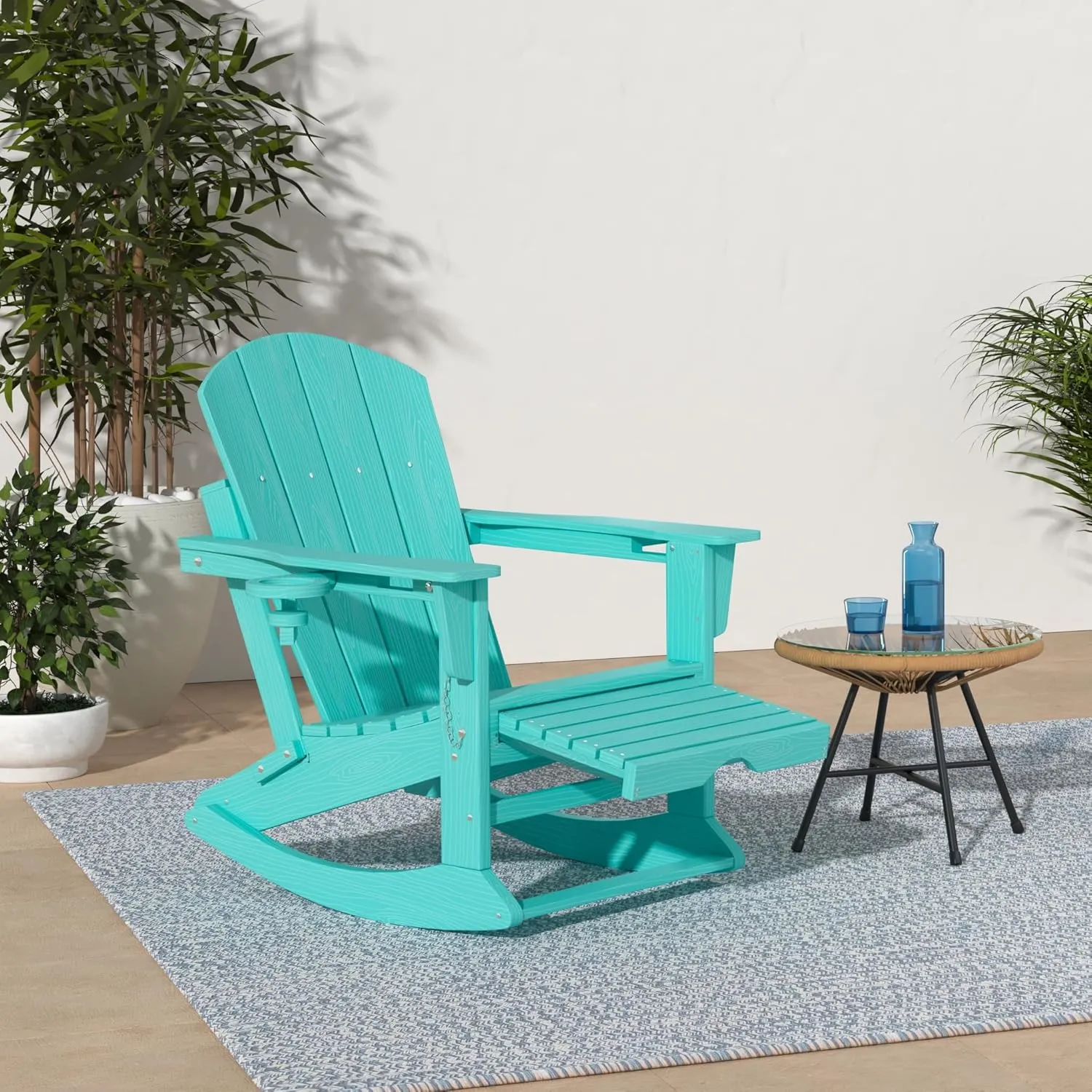 KINGYES Adirondack Rocking Chair with Retractable Ottoman and Cup Holders, HDPE Adirondack Rocker Patio Rocking Chair for Porch, Patio, Balcony, Aqua Blue