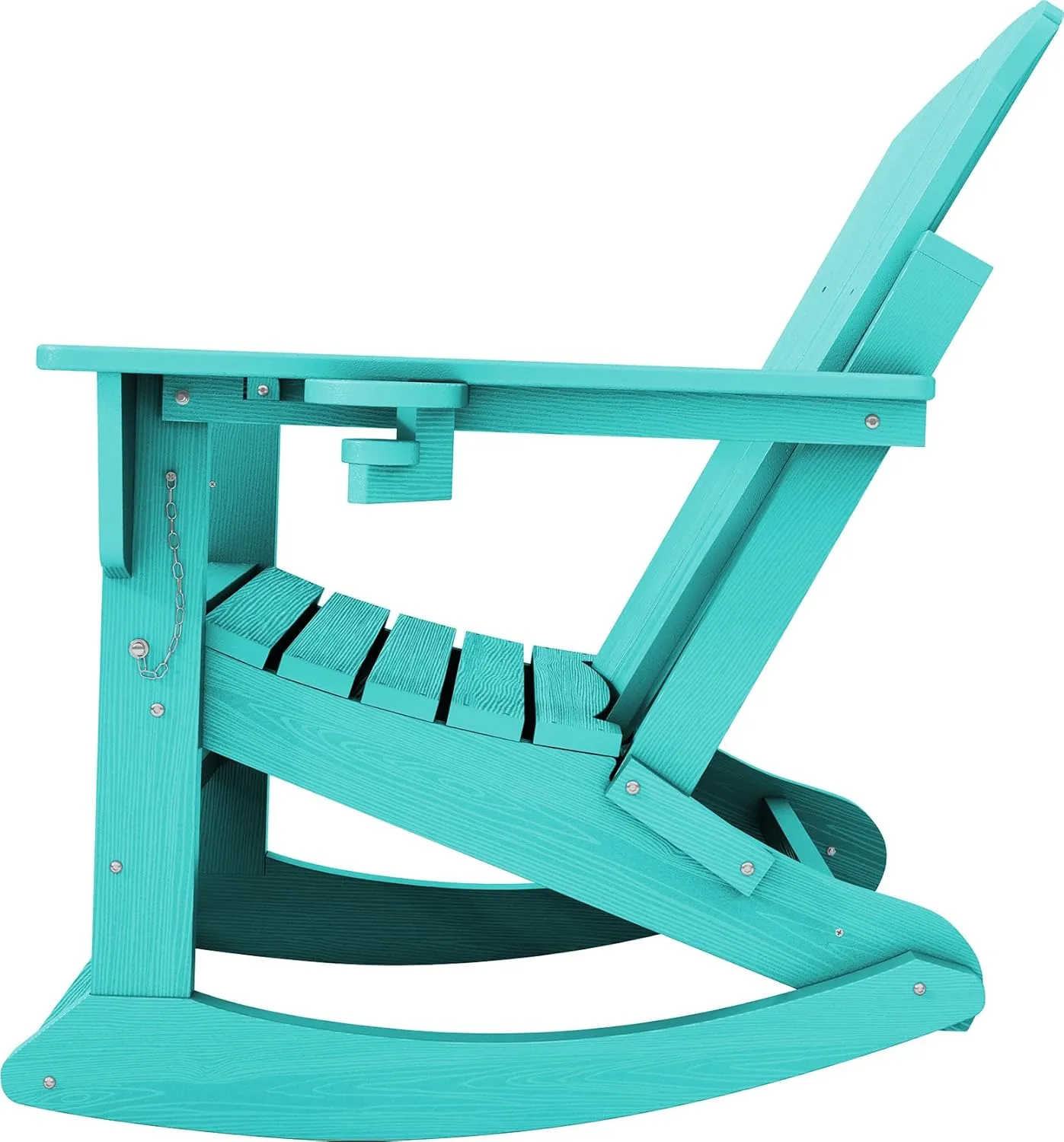 KINGYES Adirondack Rocking Chair with Retractable Ottoman and Cup Holders, HDPE Adirondack Rocker Patio Rocking Chair for Porch, Patio, Balcony, Aqua Blue
