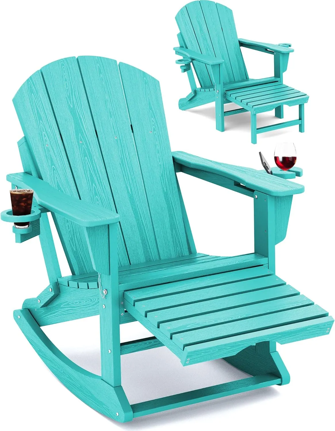 KINGYES Adirondack Rocking Chair with Retractable Ottoman and Cup Holders, HDPE Adirondack Rocker Patio Rocking Chair for Porch, Patio, Balcony, Aqua Blue