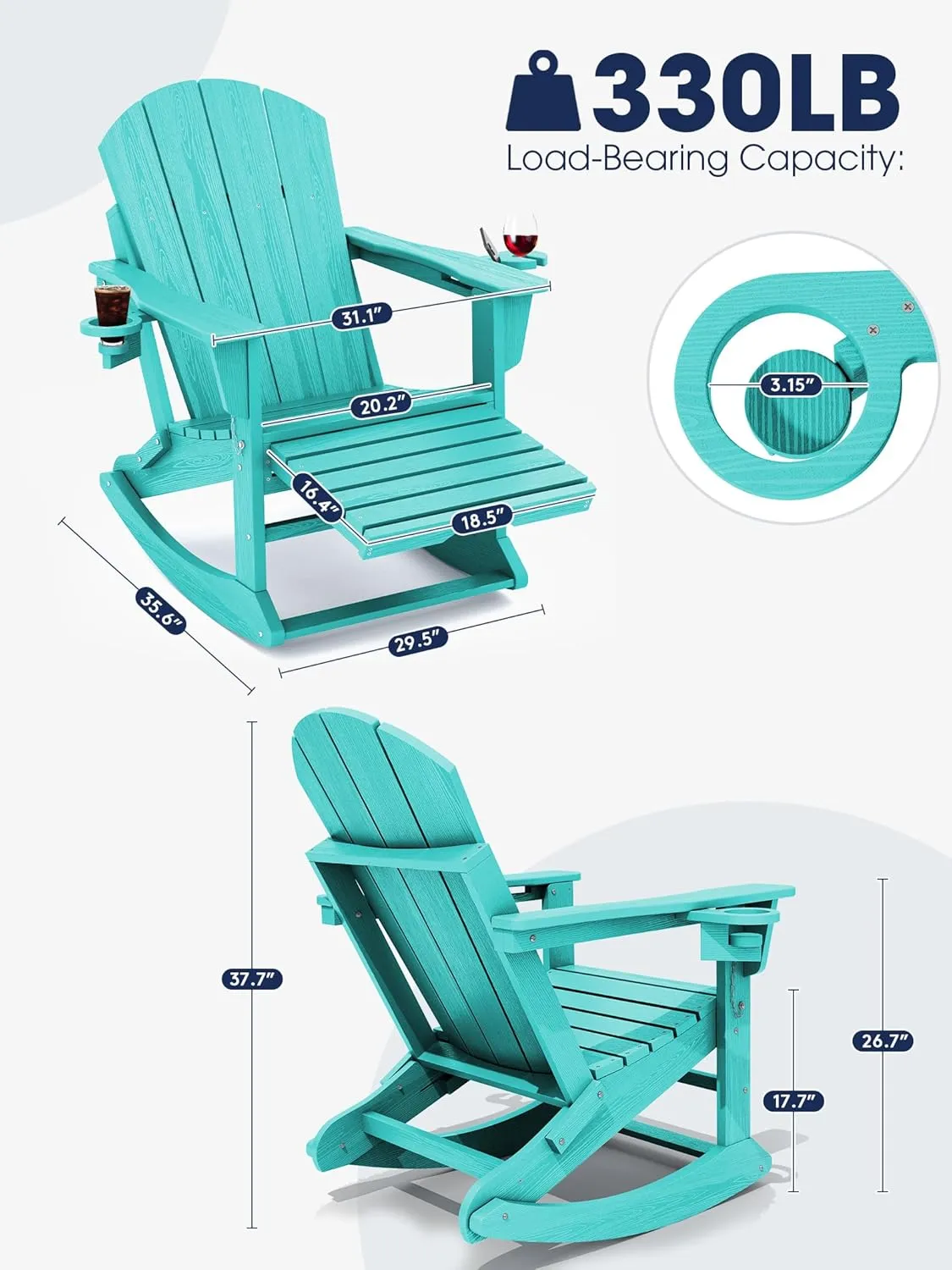KINGYES Adirondack Rocking Chair with Retractable Ottoman and Cup Holders, HDPE Adirondack Rocker Patio Rocking Chair for Porch, Patio, Balcony, Aqua Blue