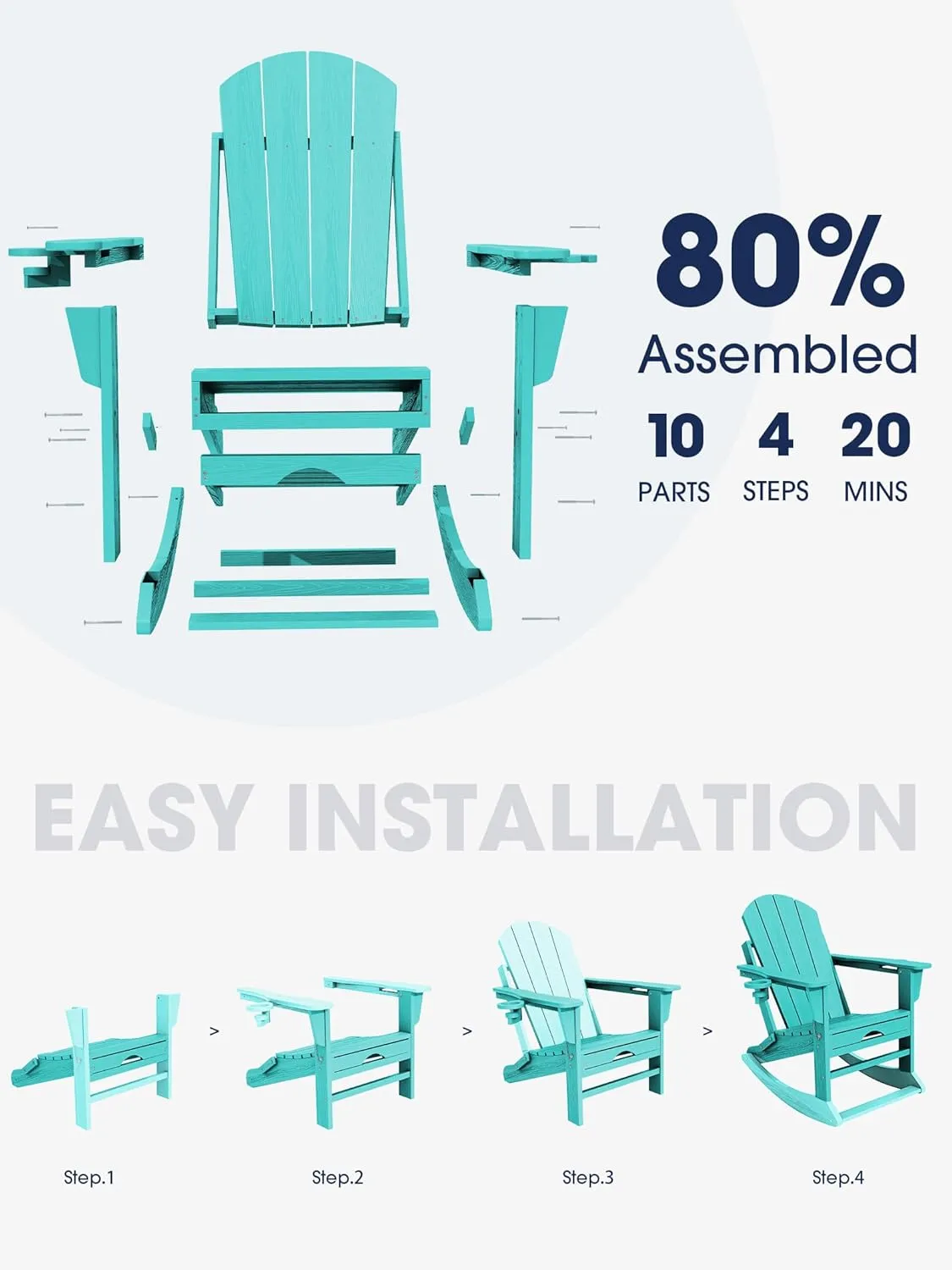 KINGYES Adirondack Rocking Chair with Retractable Ottoman and Cup Holders, HDPE Adirondack Rocker Patio Rocking Chair for Porch, Patio, Balcony, Aqua Blue