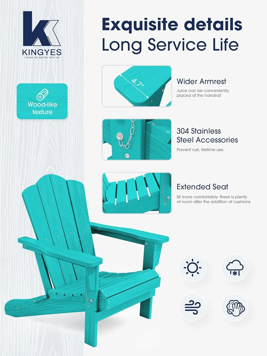 KINGYES Folding Adirondack Chair Set of 2, HDPE All-Weather Folding Adirondack Chair, Aruba