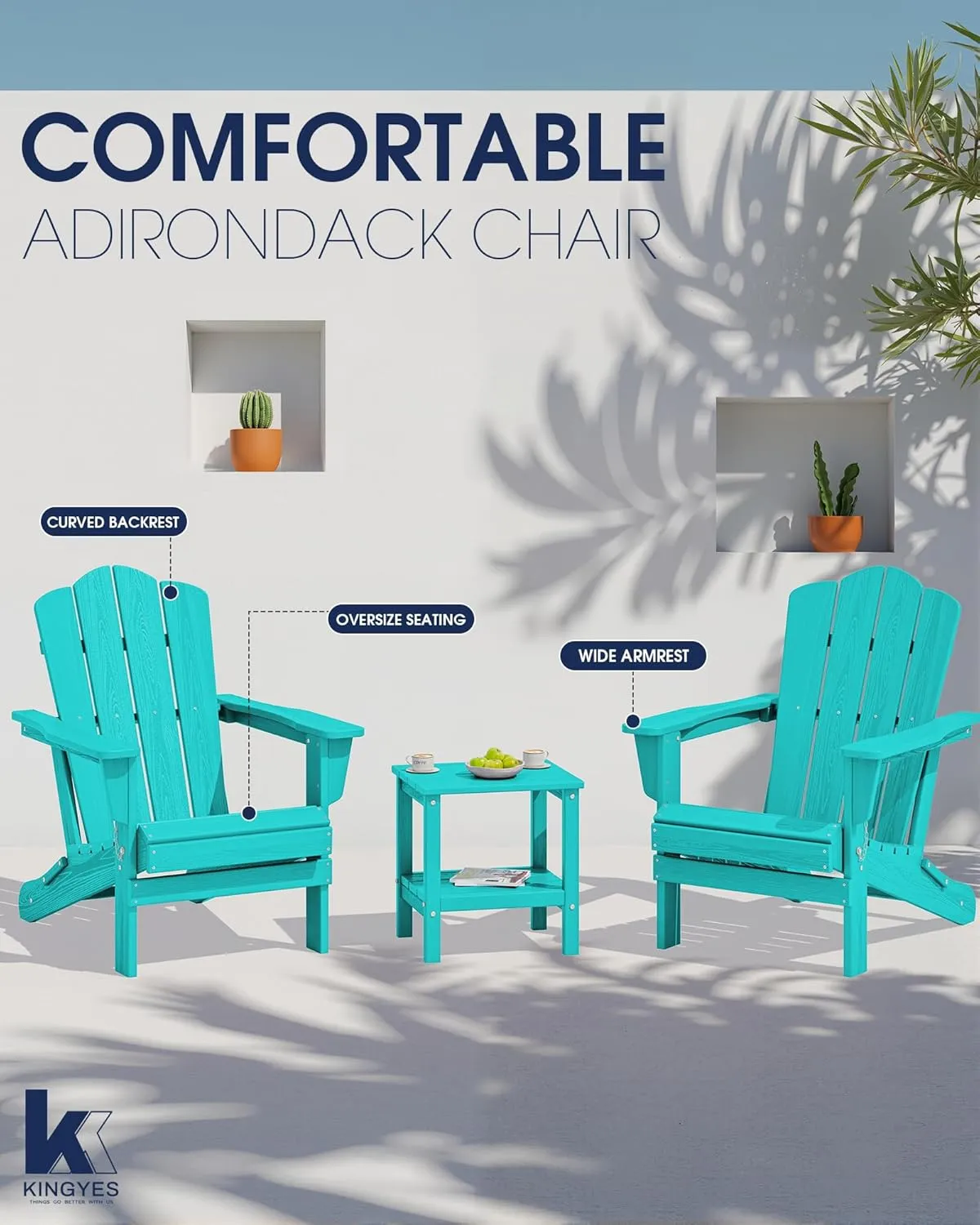 KINGYES Folding Adirondack Chair Set of 2, HDPE All-Weather Folding Adirondack Chair, Aruba