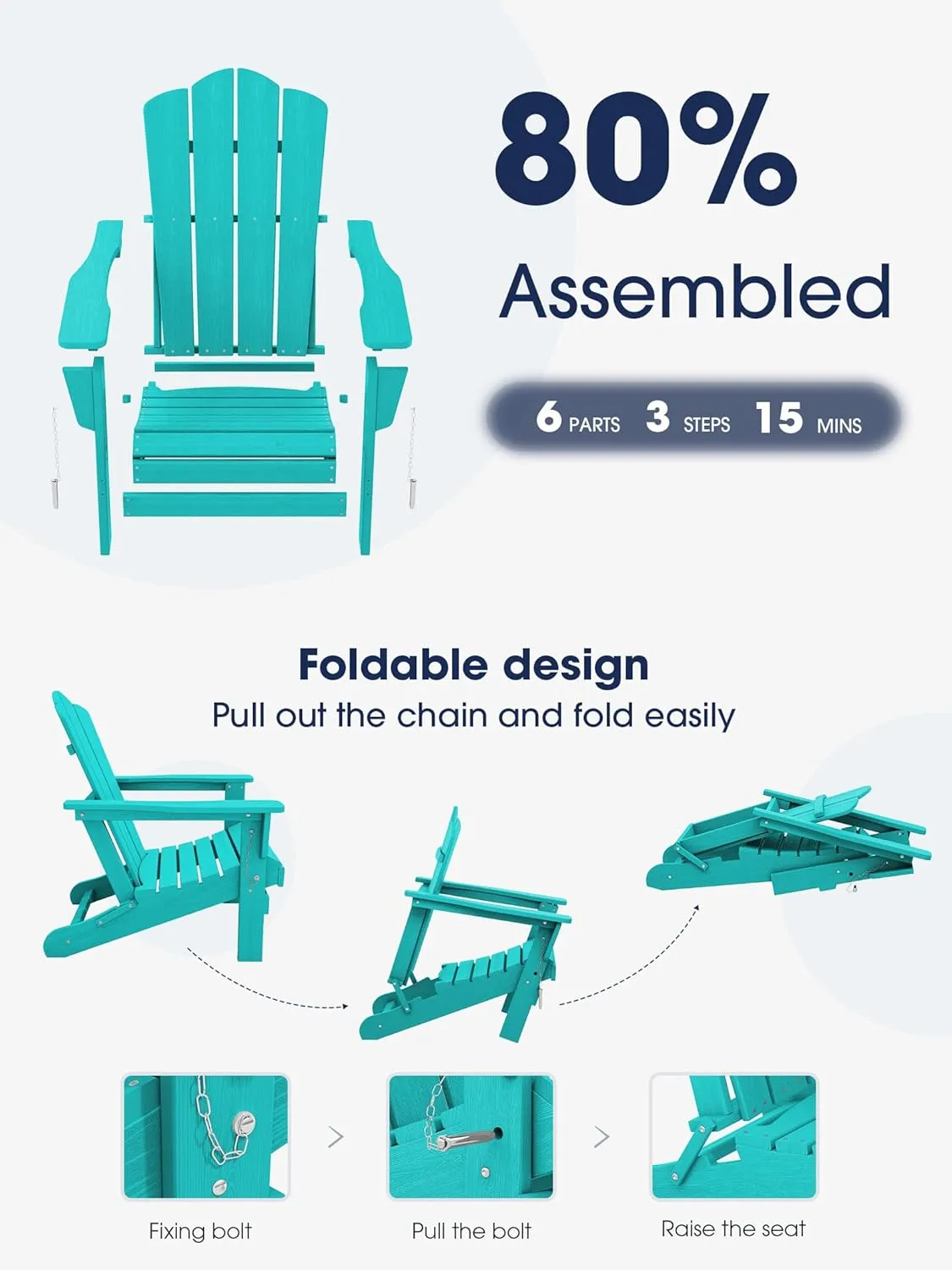 KINGYES Folding Adirondack Chair Set of 2, HDPE All-Weather Folding Adirondack Chair, Aruba