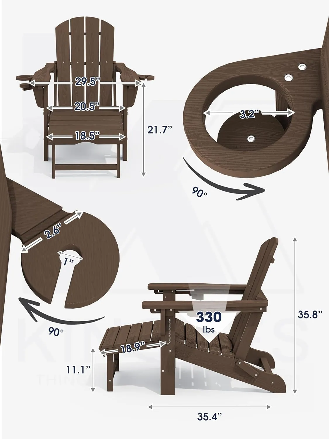 KINGYES Folding Adjustable Adirondack Chair with Ottoman, Coffee