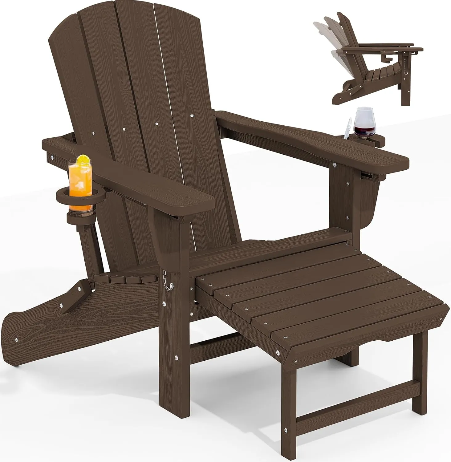 KINGYES Folding Adjustable Adirondack Chair with Ottoman, Coffee
