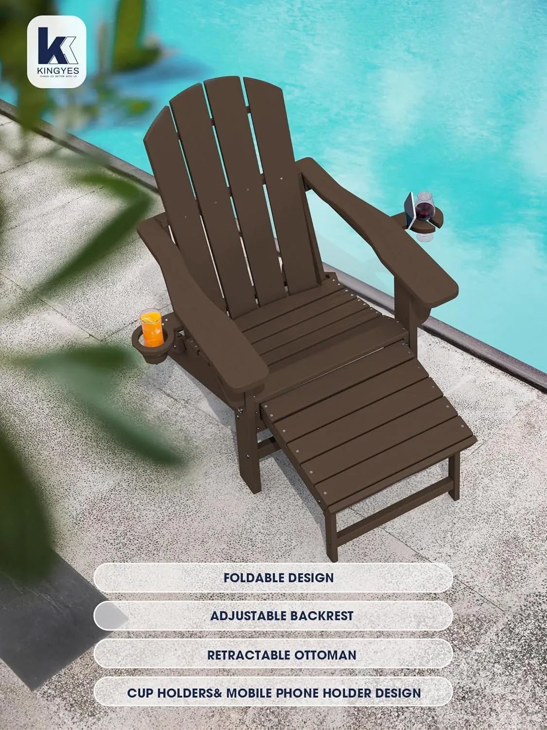 KINGYES Folding Adjustable Adirondack Chair with Ottoman, Coffee