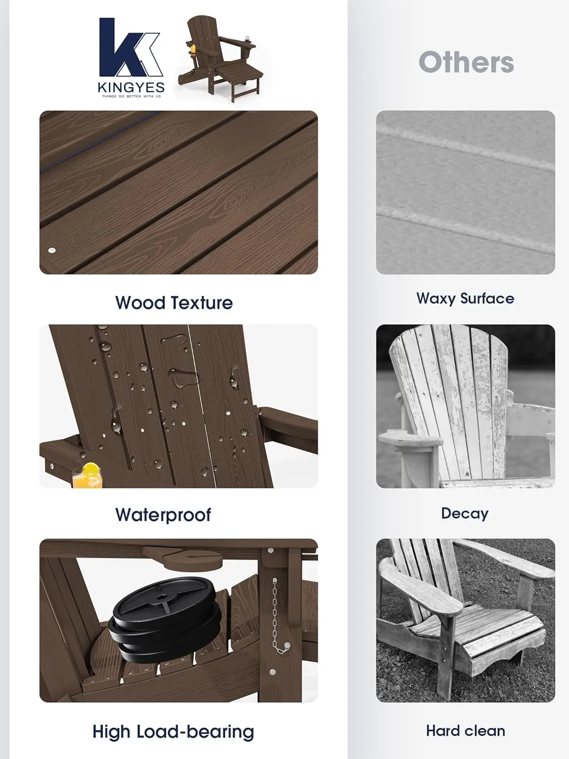 KINGYES Folding Adjustable Adirondack Chair with Ottoman, Coffee