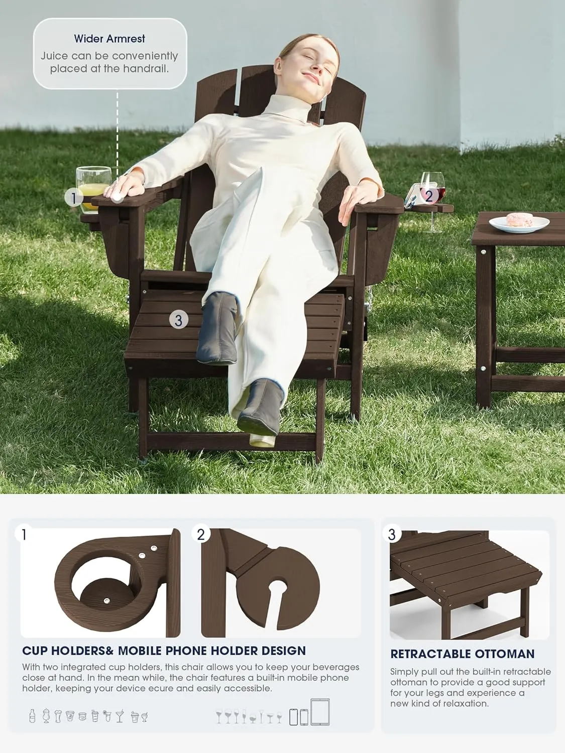 KINGYES Folding Adjustable Adirondack Chair with Ottoman, Coffee
