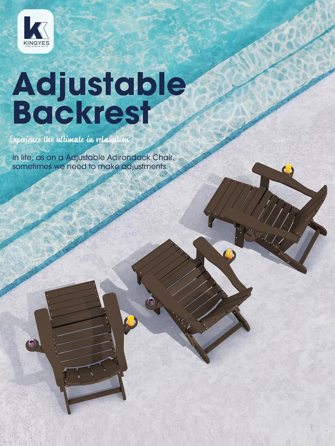KINGYES Folding Adjustable Adirondack Chair with Ottoman, Coffee