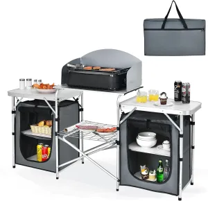 KOTEK Camping Kitchen Table, Folding Camp Kitchen Table with Detachable Windscreen, Grid Shelf, Storage Cupboards & Carry Bag, Outdoor Cooking Station for Backyard BBQ, Picnic, Party (Grey)