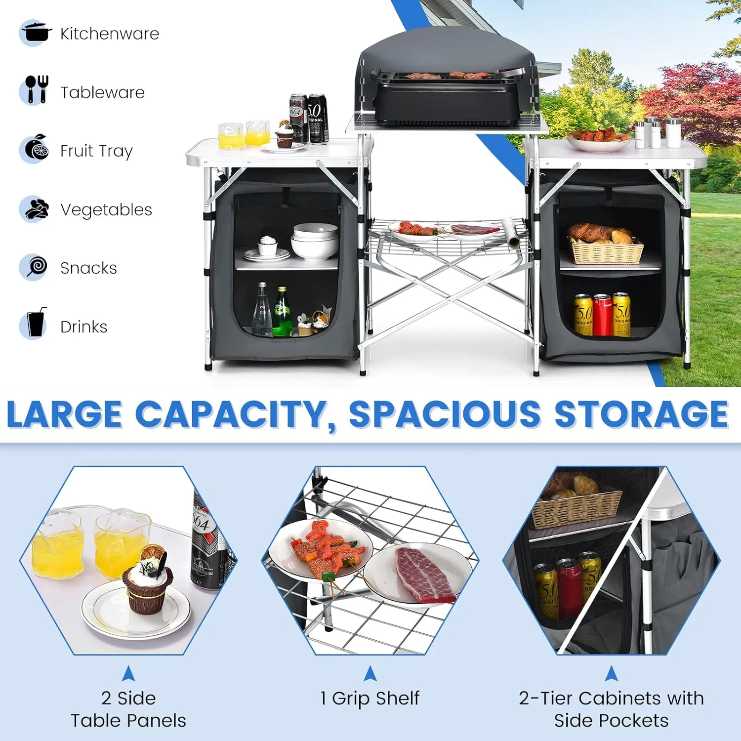 KOTEK Camping Kitchen Table, Folding Camp Kitchen Table with Detachable Windscreen, Grid Shelf, Storage Cupboards & Carry Bag, Outdoor Cooking Station for Backyard BBQ, Picnic, Party (Grey)