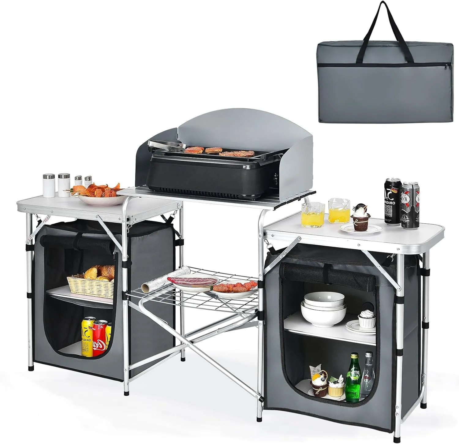 KOTEK Camping Kitchen Table, Folding Camp Kitchen Table with Detachable Windscreen, Grid Shelf, Storage Cupboards & Carry Bag, Outdoor Cooking Station for Backyard BBQ, Picnic, Party (Grey)