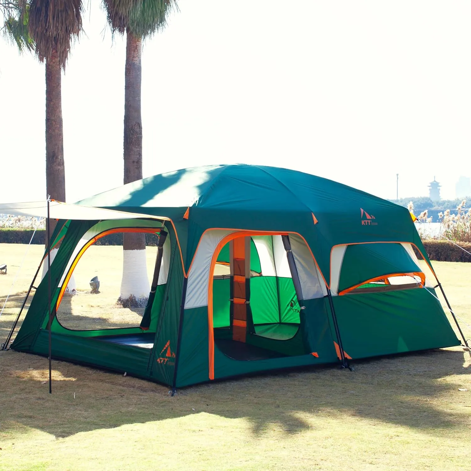 KTT Extra Large Tent 12 Person,2 Bay-Windows,Family Cabin Tents,14'Lx10'Wx6.58'H,2 Rooms and 3 Doors 3 Windows with Mesh,Waterproof,Straight Wall,Big Tent for Outdoor,Picnic,Camping,Gathering