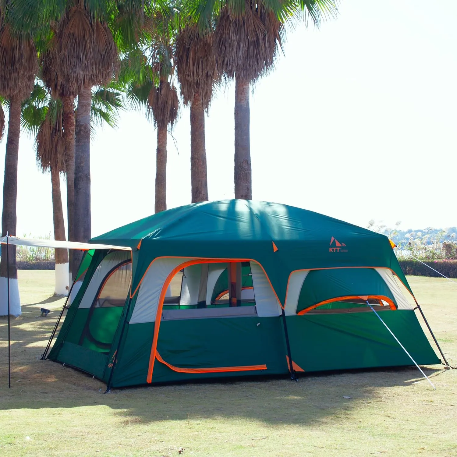 KTT Extra Large Tent 12 Person,2 Bay-Windows,Family Cabin Tents,14'Lx10'Wx6.58'H,2 Rooms and 3 Doors 3 Windows with Mesh,Waterproof,Straight Wall,Big Tent for Outdoor,Picnic,Camping,Gathering