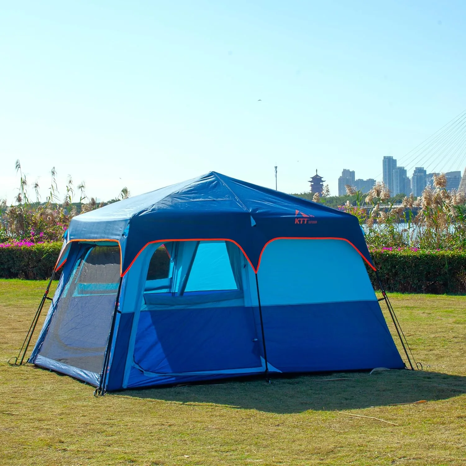 KTT Instant Tent 6-8 Person(C),Large Family Cabin Tents,Automatic Tent Build Quickly in 60S,2 Rooms,2 Top Windows,3 Doors and 3 Windows with Mesh,Waterproof,Big Tents for Outdoor,Picnic,Camping