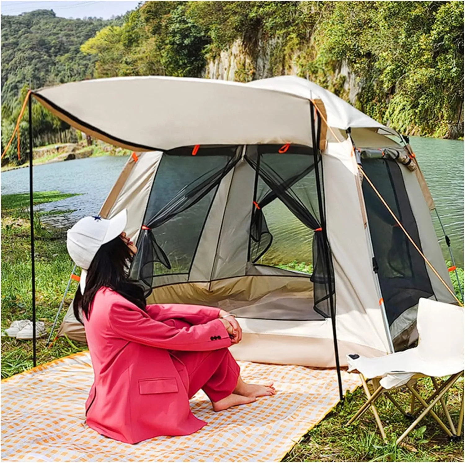 Large Family Tent 4 People Waterproof, Popup Tent Waterproof Practical and Stable Camping Tent Ideal for Camping in The Garden
