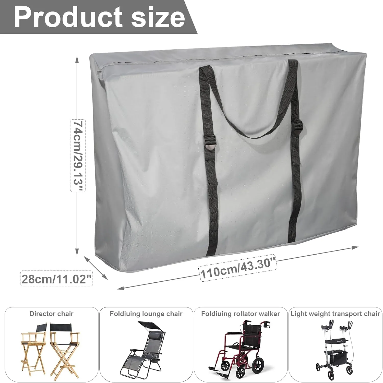 Large Outside Folding Chair Storage Bag with Zipper and Handles, 600D Folding Chair Carry Bag for Zero Gravity Chair Cover, Portable Folding Lounge Chair Carrying Bags, 43" L x 11" W x 29" H (Gray)