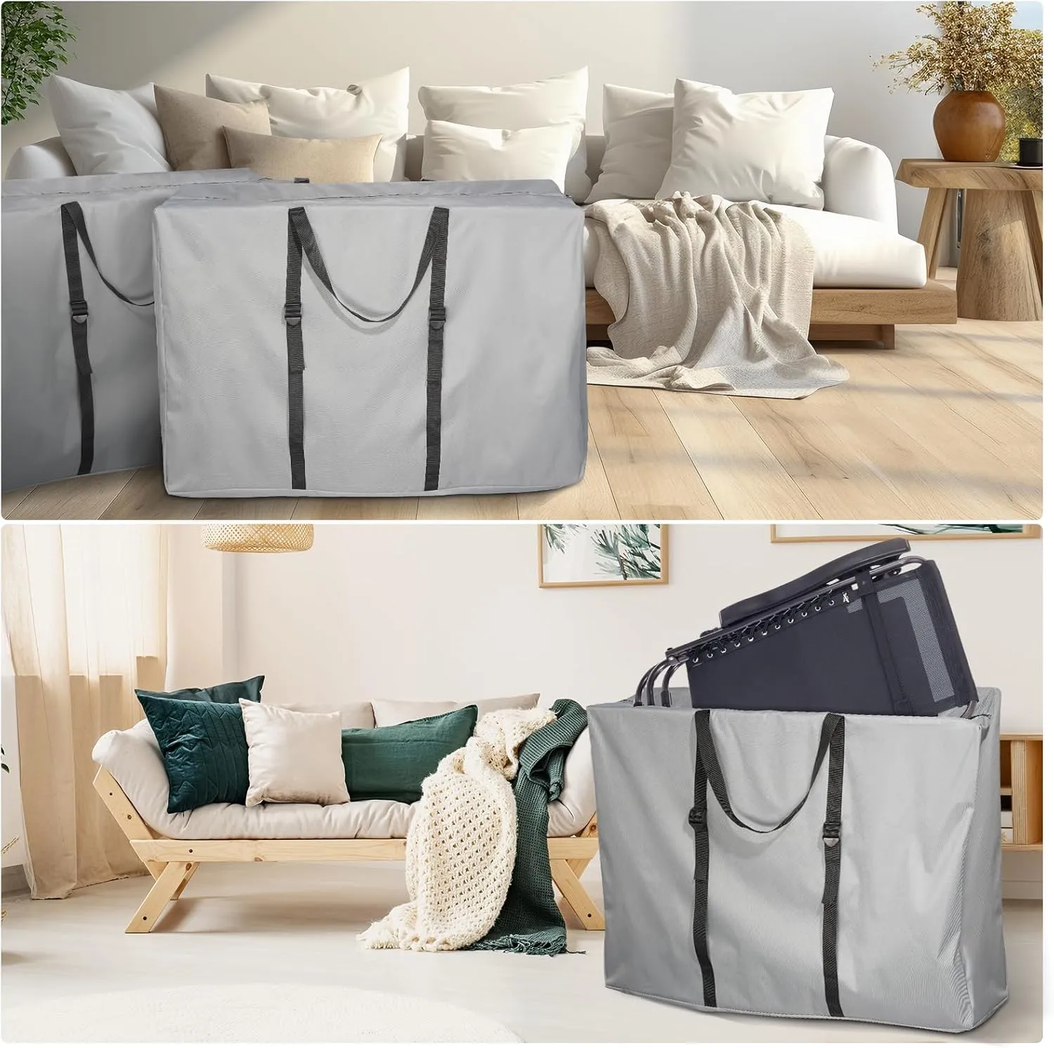 Large Outside Folding Chair Storage Bag with Zipper and Handles, 600D Folding Chair Carry Bag for Zero Gravity Chair Cover, Portable Folding Lounge Chair Carrying Bags, 43" L x 11" W x 29" H (Gray)