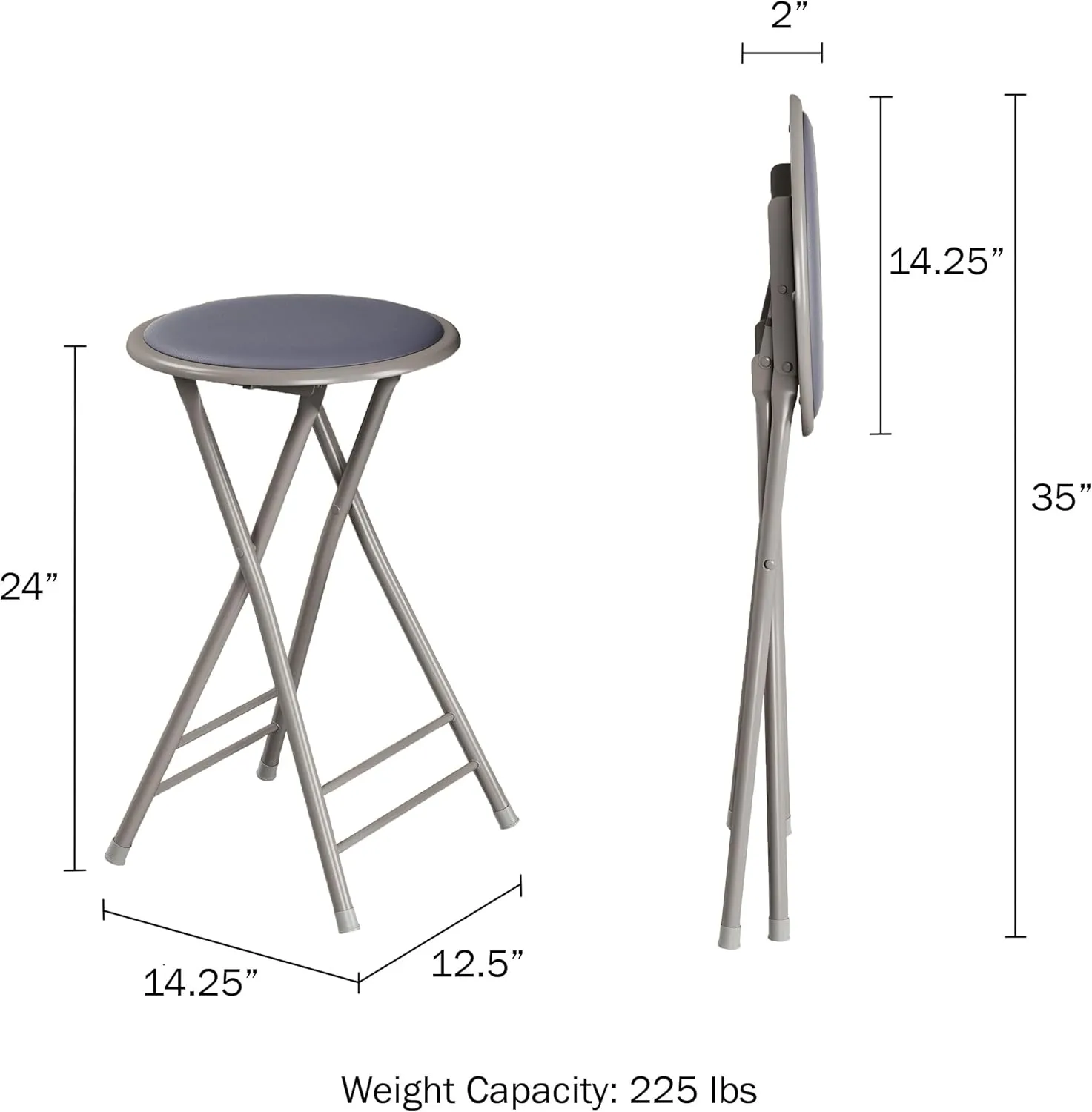 Lavish Home Folding Stool - Backless 24-Inch Stool with 225lb Capacity for Kitchen or Rec Room - Portable Indoor Counter Bar Stools (Gray)