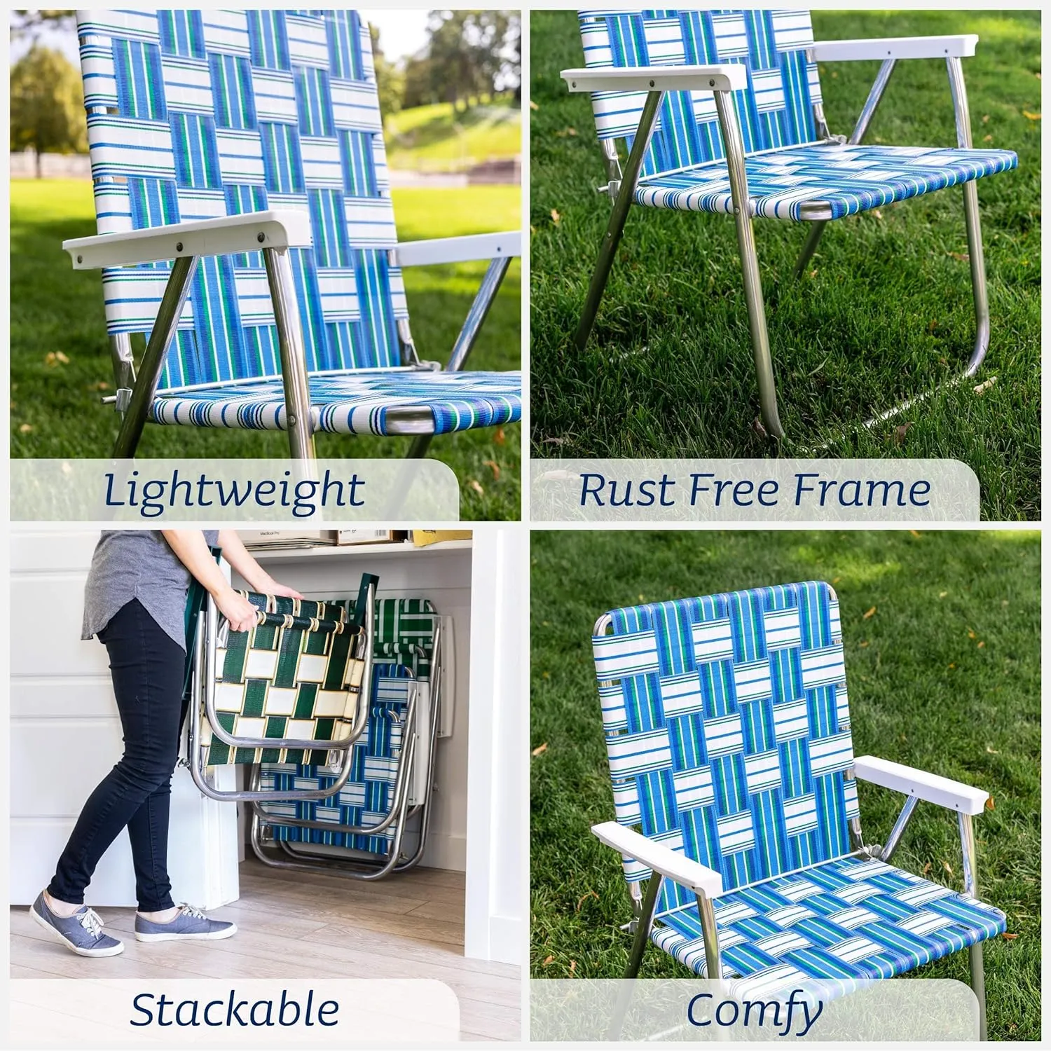 Lawn Chair USA | Folding Aluminum Webbed Chair for Camping, Sports, and Beach | Classic - Tan Stripe //with White Arms