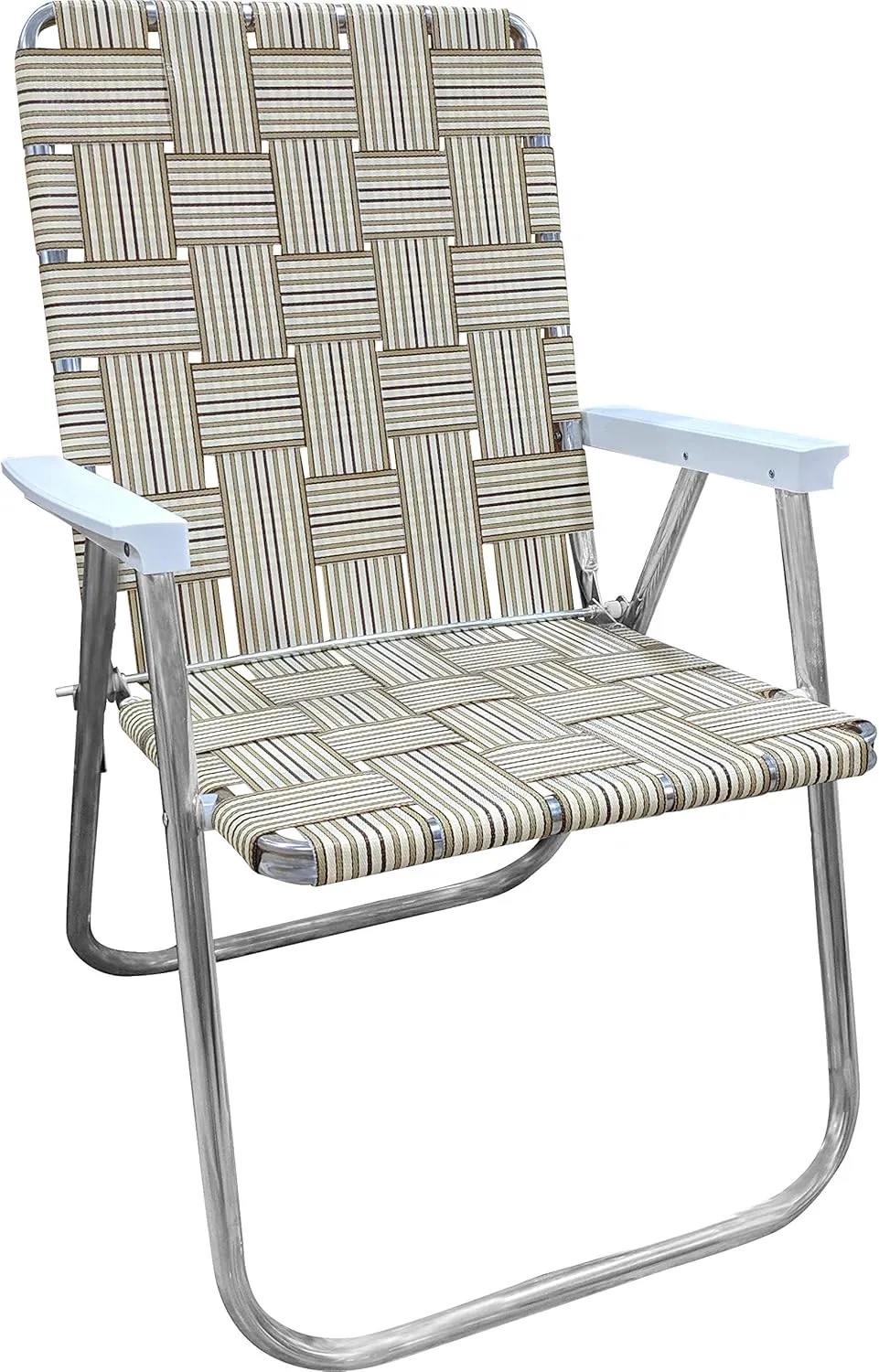 Lawn Chair USA | Folding Aluminum Webbed Chair for Camping, Sports, and Beach | Classic - Tan Stripe //with White Arms