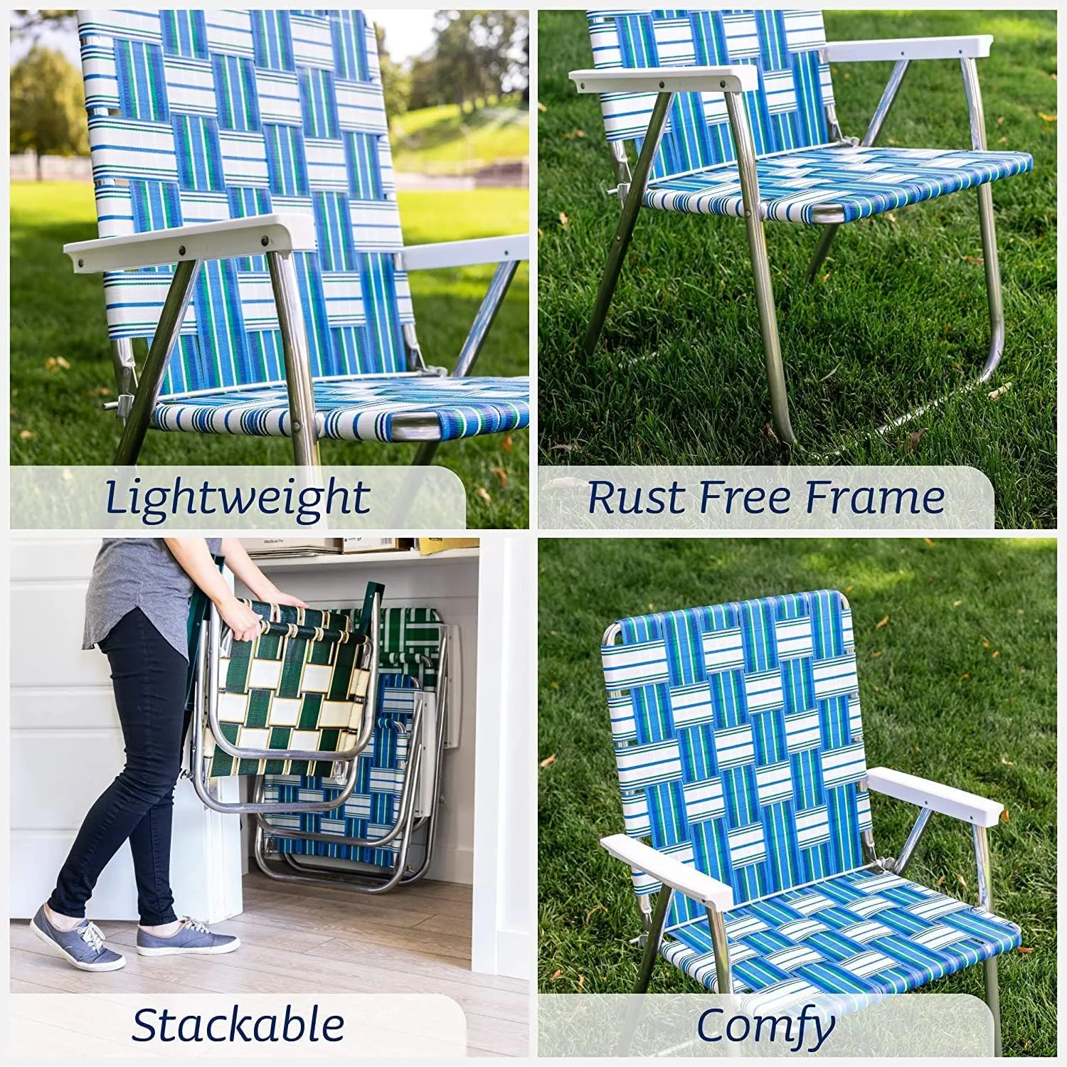 Lawn Chair USA - Outdoor Chairs for Camping. Made with Lightweight Aluminum Frames and UV-Resistant Webbing. Folds for Easy Storage 2- Pack (Sea Island with White Arms, Magnum)