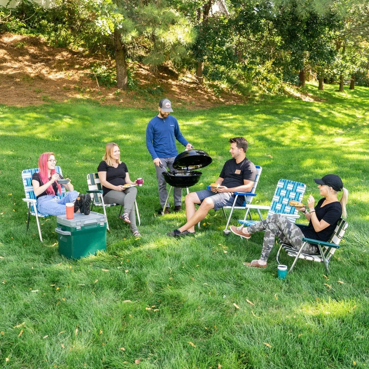 Lawn Chair USA - Outdoor Chairs for Camping. Made with Lightweight Aluminum Frames and UV-Resistant Webbing. Folds for Easy Storage 2- Pack (Sea Island with White Arms, Magnum)