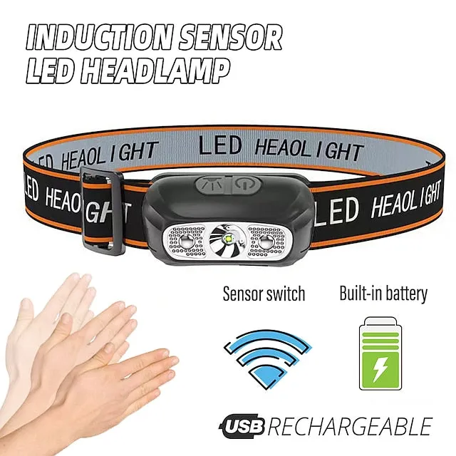 LED Headlamp Rechargeable Induction Sensor Waterproof Headlight Flashlight Ultra-light Lamp Body Used for Cycling Camping Etc. Shustar