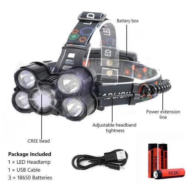 LED Headlamp XML 2T6 5T6 3200LM Headlight frontale Flashlight 4 Mode Torch Lights Head Lamp with USB Charger With 18650 Battery