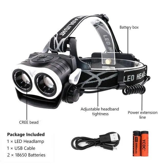LED Headlamp XML 2T6 5T6 3200LM Headlight frontale Flashlight 4 Mode Torch Lights Head Lamp with USB Charger With 18650 Battery